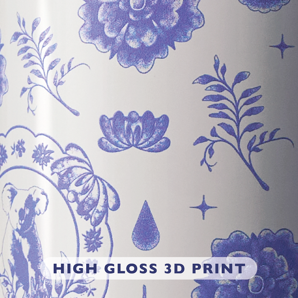 Close-up of cobalt blue floral and medallion print over white with High Gloss 3D Print label